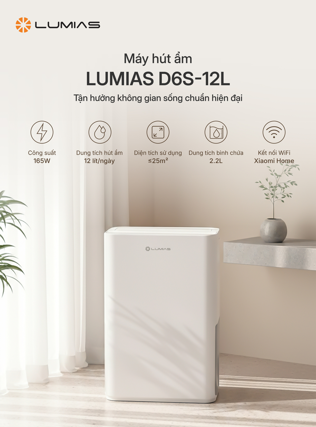 Máy hút ẩm 12L Lumias D6S-12L Máy hút ẩm 12L Lumias D6S-12L có công suất tới 165W