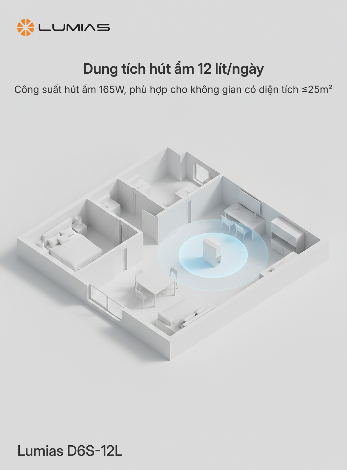 Máy hút ẩm 12L Lumias D6S-12L Lumias D6S-12L dung tích 12L, hút ẩm cả ngày dài