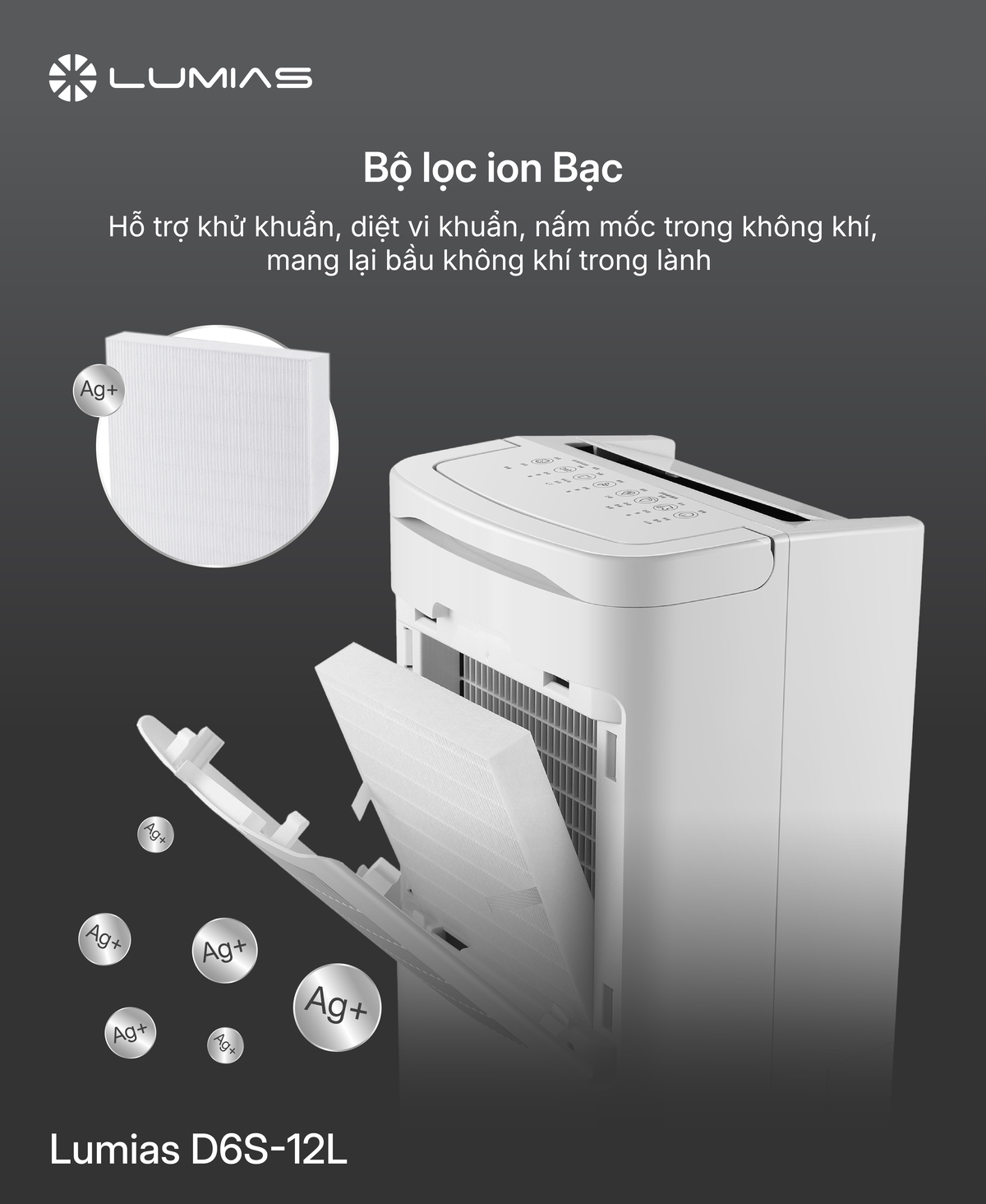 Máy hút ẩm 12L Lumias D6S-12L Lumias D6S-12L tích hợp bộ lọc ion Bạc