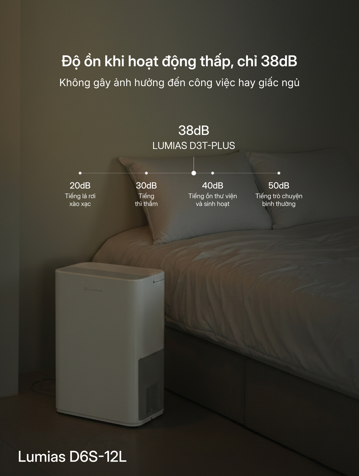 Máy hút ẩm 12L Lumias D6S-12L Lumias D6S-12L hoạt động với độ ồn chỉ 38dB