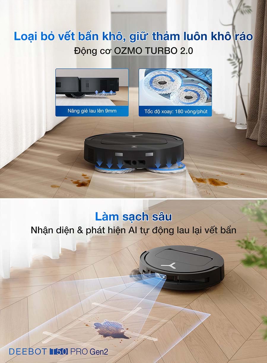 Ecovacs Deebot T50 Pro Gen 2 loại bỏ vết bẩn hiệu quả